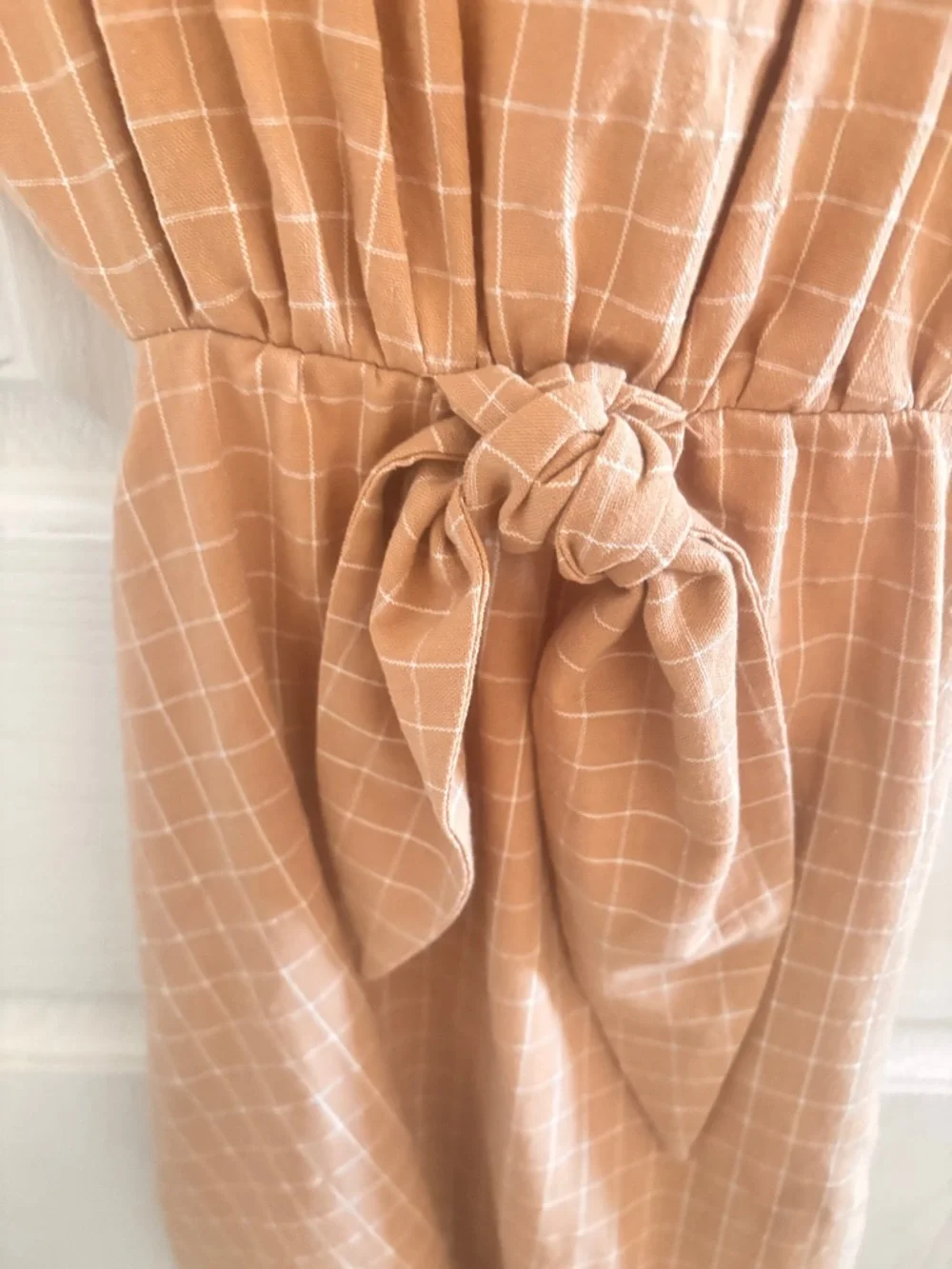 Promesa Beige Grid Puff Sleeve Cutout Back Tie Waist Dress XS Boho Cottagecore - Picture 5 of 6